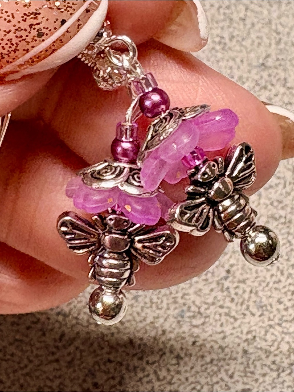 Silver Bee Charm Earrings with lavender 
Beads